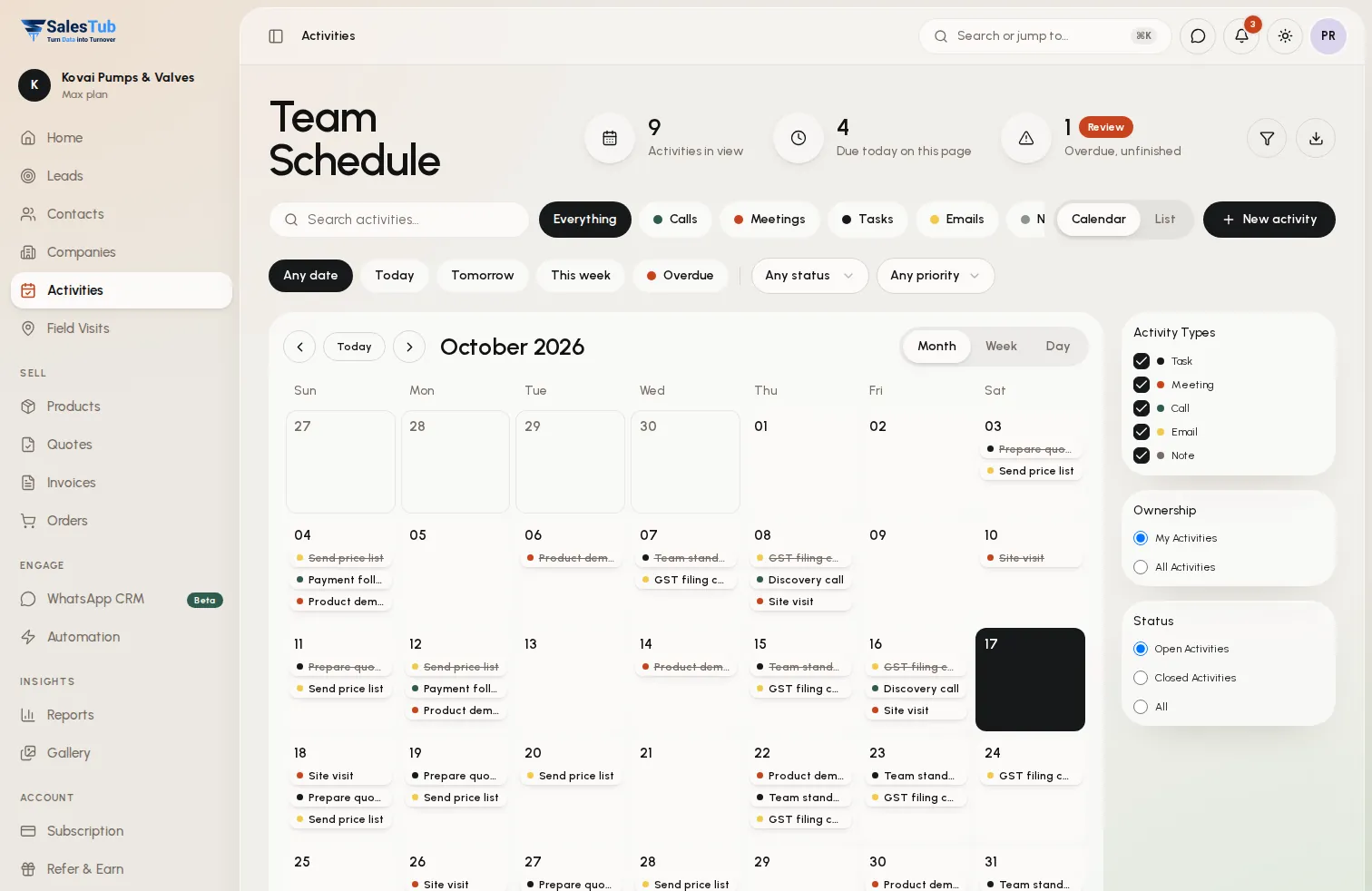 Team schedule calendar in SalesTub CRM showing calls, meetings, tasks and follow-ups for the month