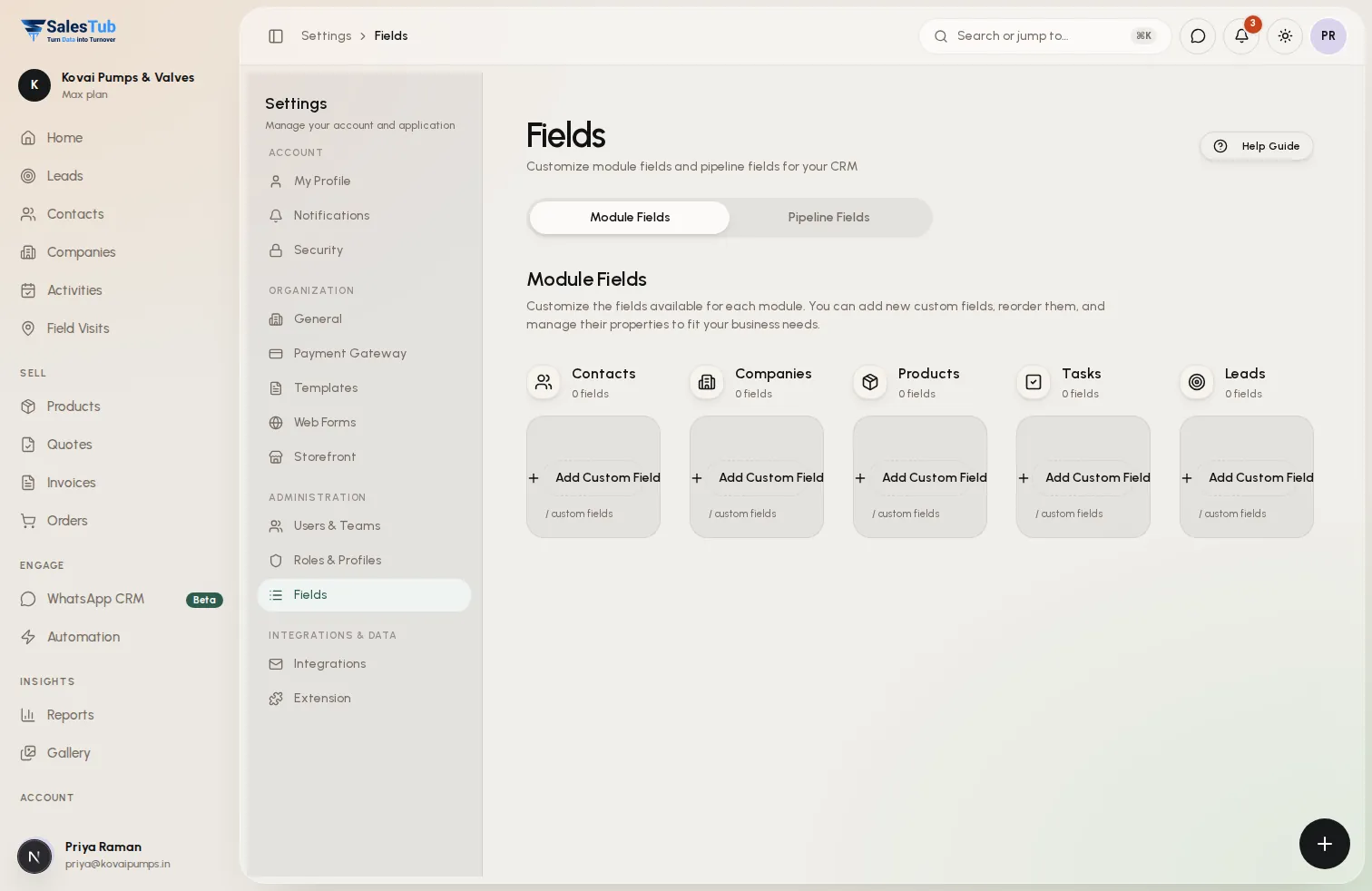 Custom fields settings in SalesTub CRM for adding your own fields to contacts, companies, products, tasks and leads