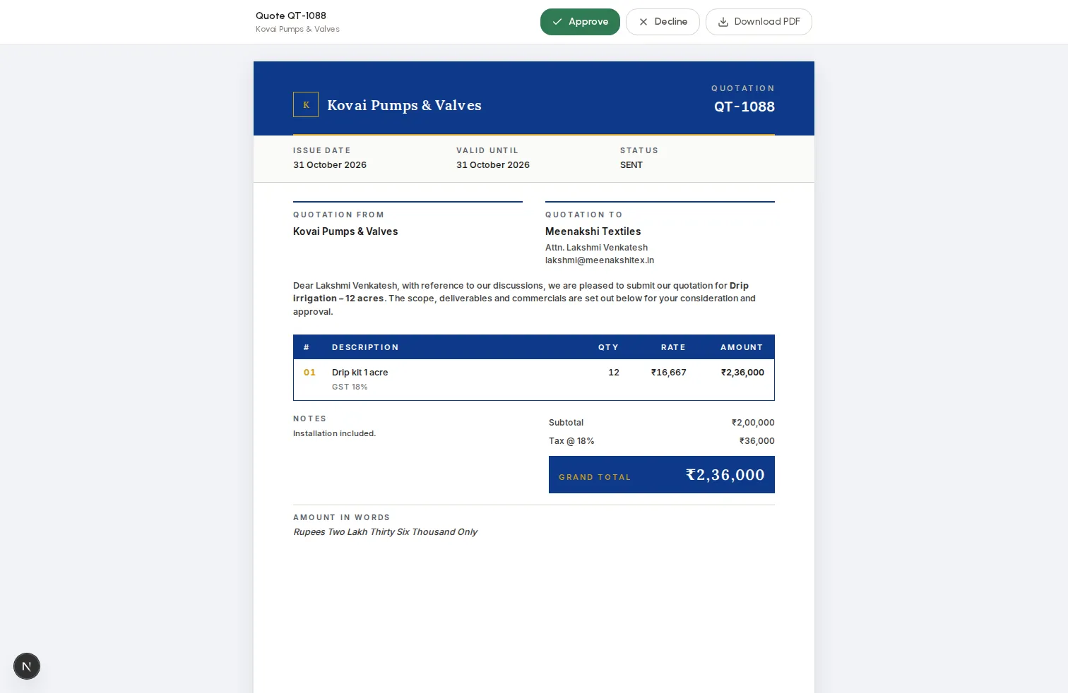 Customer-facing quotation generated by SalesTub CRM with seller and buyer details, line items and tax breakdown