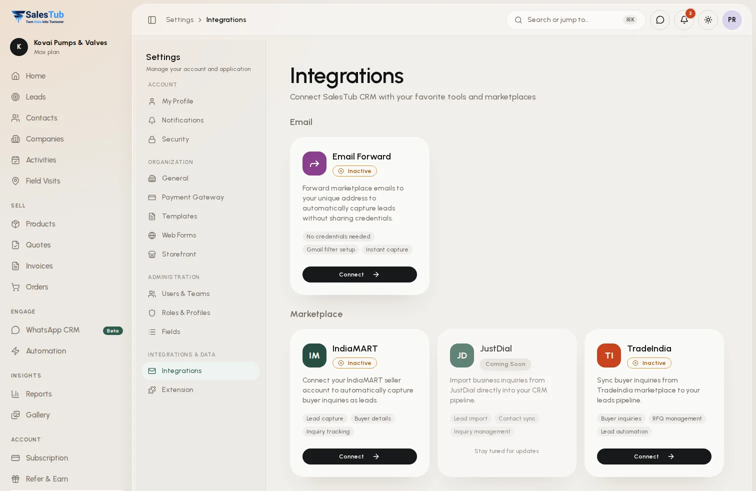 Integrations in SalesTub CRM: email forwarding, IndiaMART, TradeIndia and other lead sources connected to the CRM