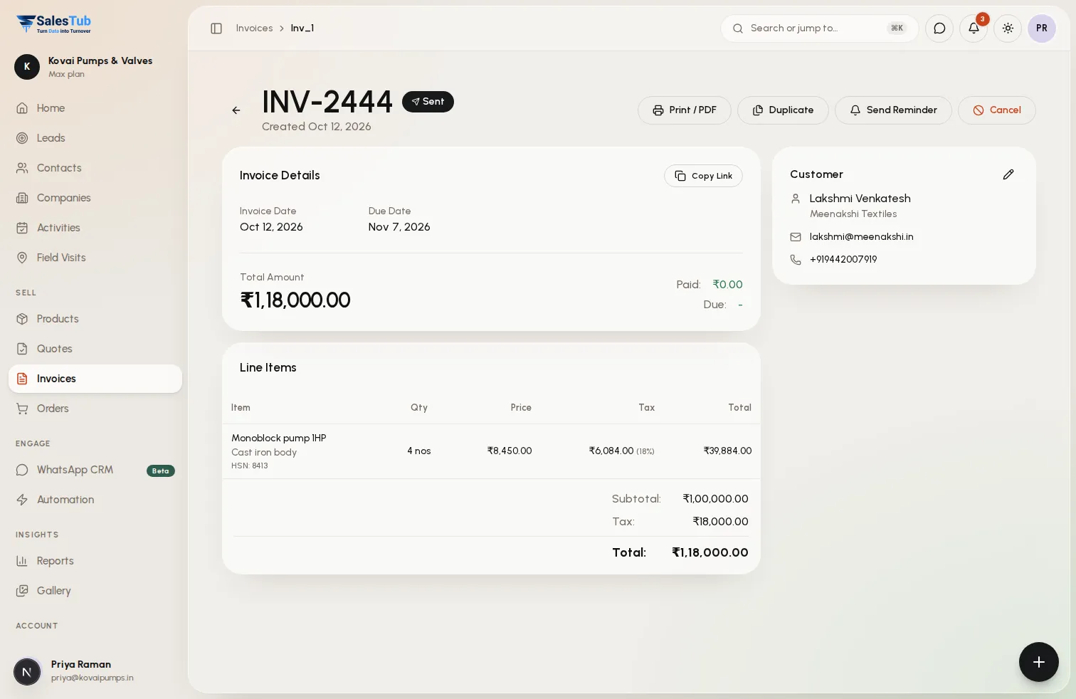Invoice details in SalesTub CRM with line items, tax, totals, payment status and the billed customer