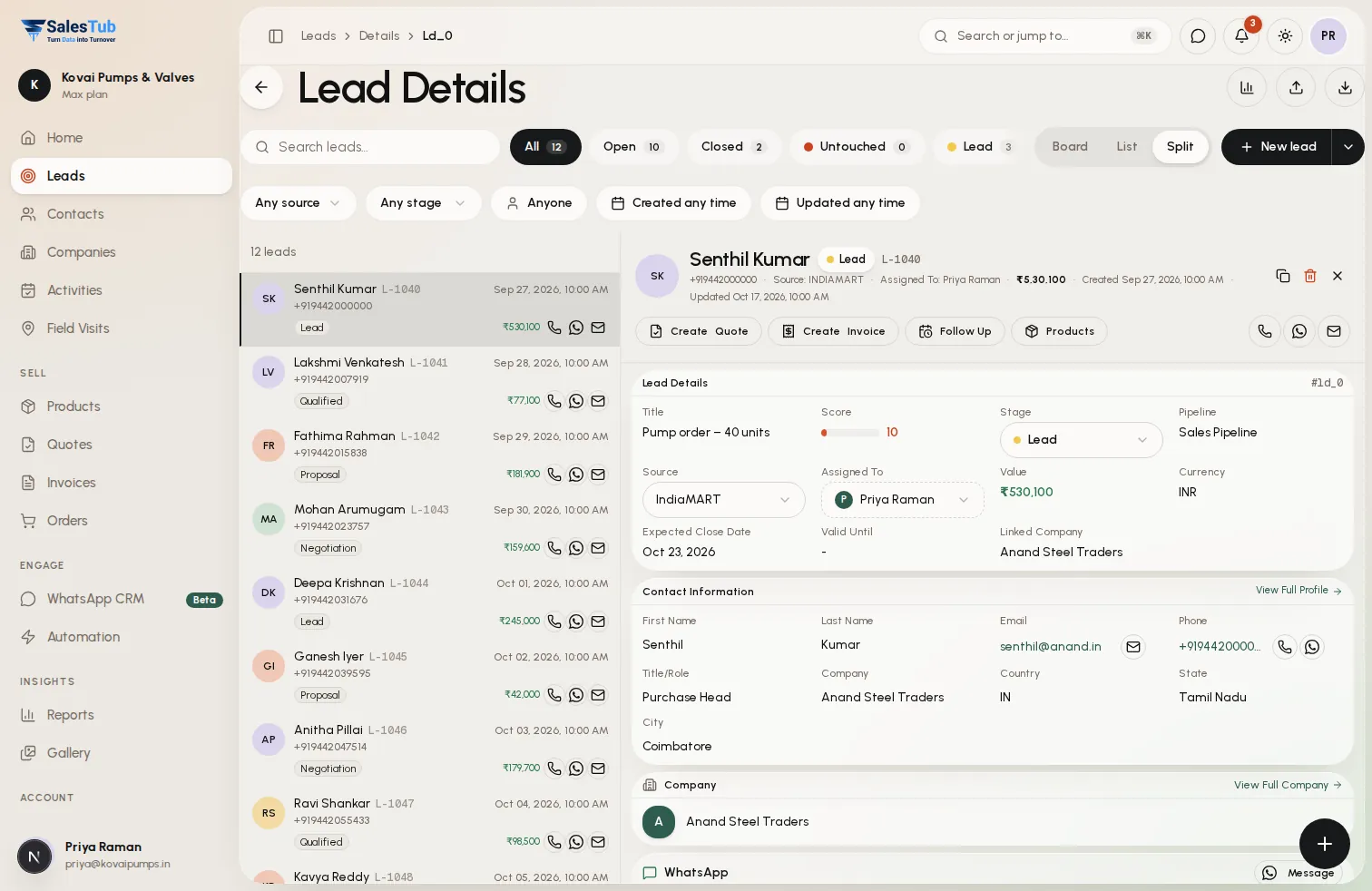 Lead details screen in SalesTub CRM with contact information, deal value, pipeline stage, linked company and activity history