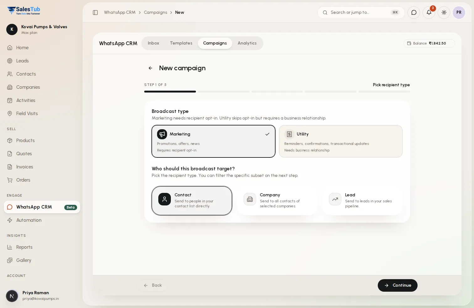 WhatsApp campaign builder in SalesTub CRM: choose a marketing or utility broadcast and target contacts, companies or leads
