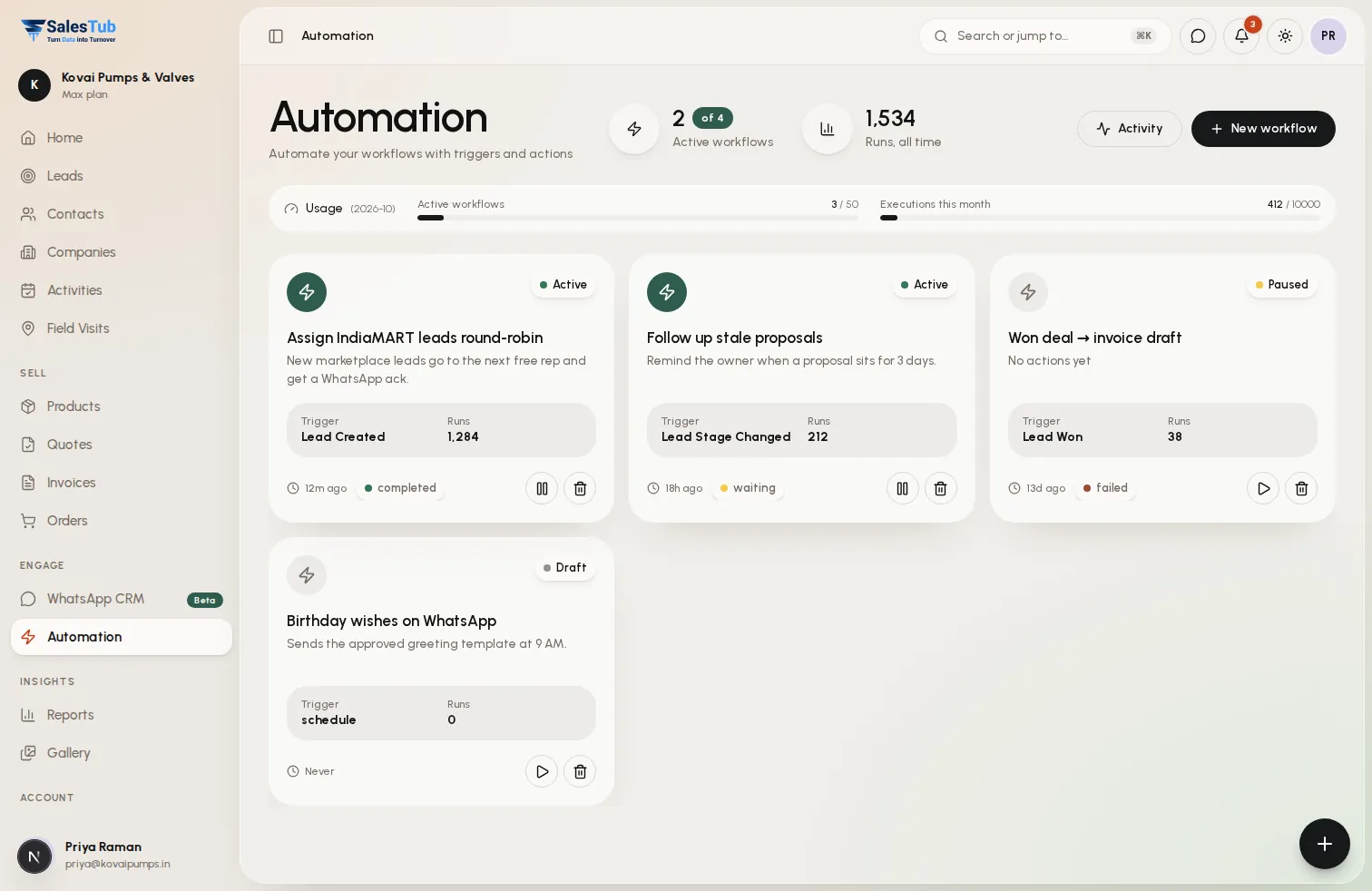 Workflow automation in SalesTub CRM: rules that assign new leads, follow up on proposals and send WhatsApp messages