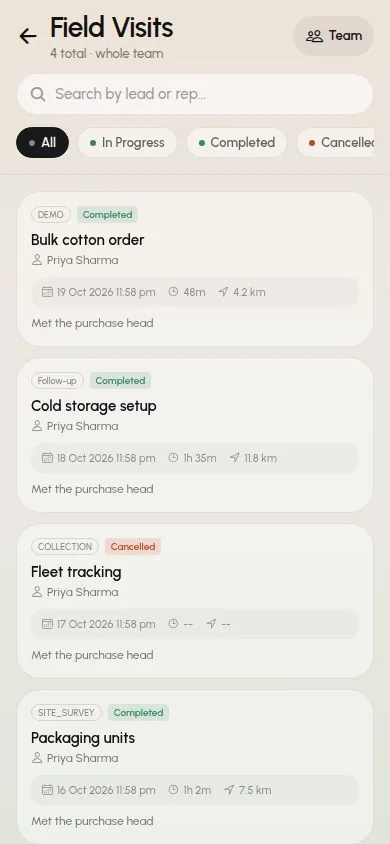 Field visit log in the SalesTub mobile CRM app with duration and distance per visit