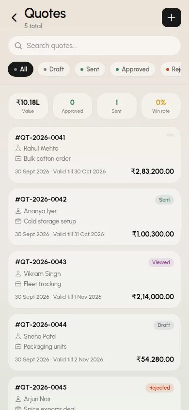 Quotes in the SalesTub mobile CRM app with draft, sent and approved quotations