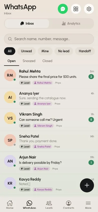 WhatsApp inbox in the SalesTub mobile CRM app with open, unread and hand-off filters