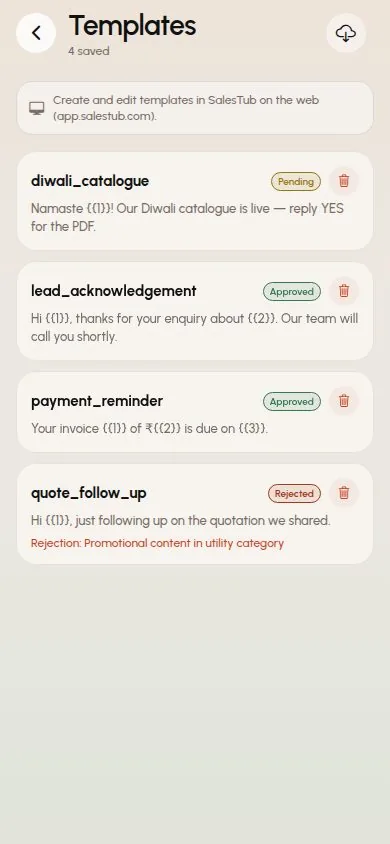 WhatsApp message templates in the SalesTub mobile app with approved, pending and rejected status