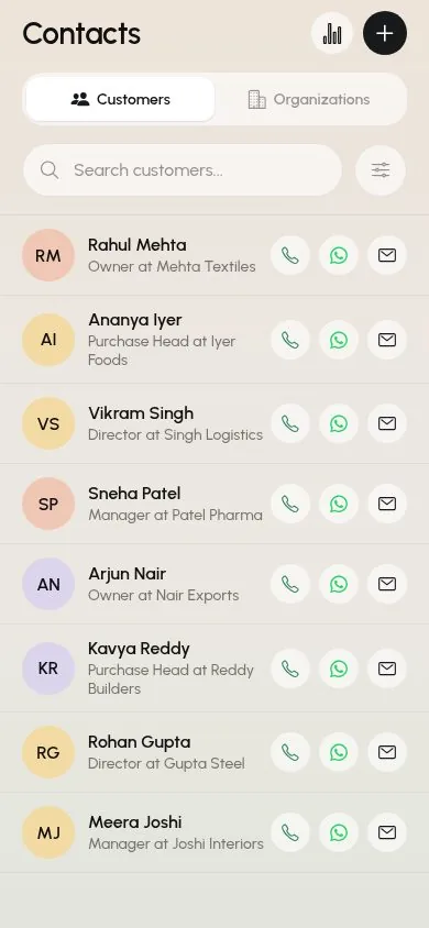 Customer contacts in the SalesTub mobile CRM app with quick call and WhatsApp buttons