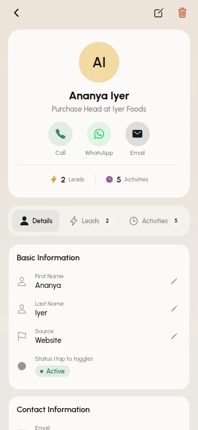 Customer profile in the SalesTub mobile CRM app with linked leads and activities