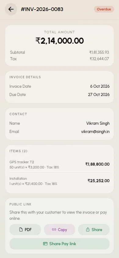 Invoice details in the SalesTub mobile CRM app with amount due, items and a shareable pay link