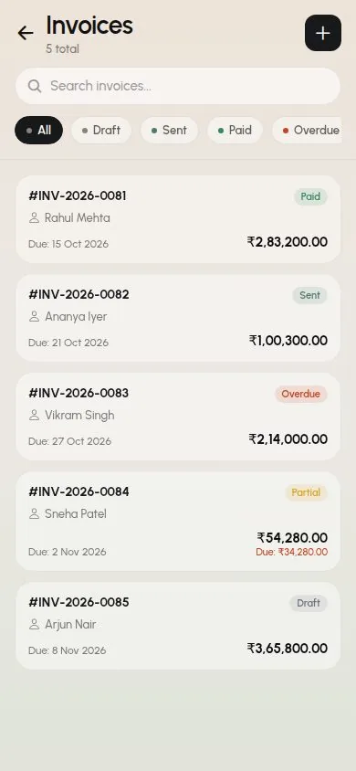 Invoices in the SalesTub mobile CRM app with paid, sent, overdue and partial status