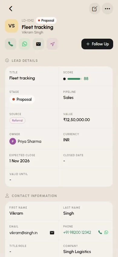 Lead details in the SalesTub mobile CRM app with stage, score, value and contact information
