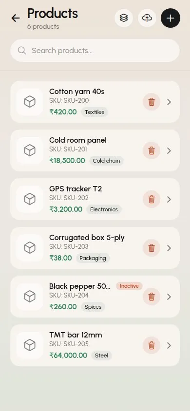 Product catalog in the SalesTub mobile CRM app with prices and categories