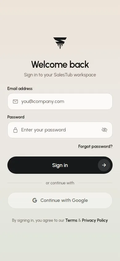 Sign-in screen of the SalesTub mobile CRM app